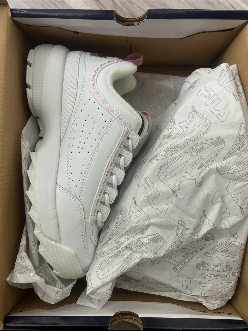 FILA Disruptor II Premium Repeat White Sneakers with Pink Trim